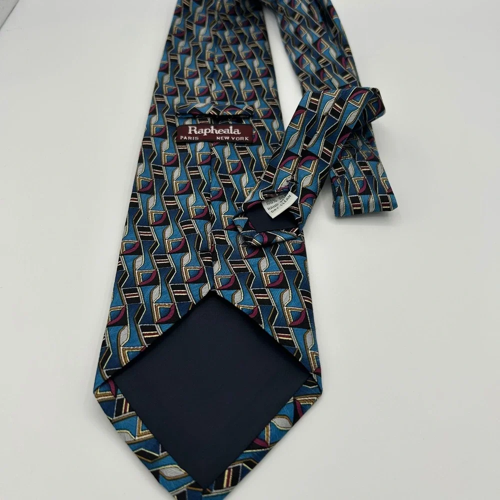 Rapheala Necktie Geometric Abstract Mens OS Teal Blue Silk Retro Career
